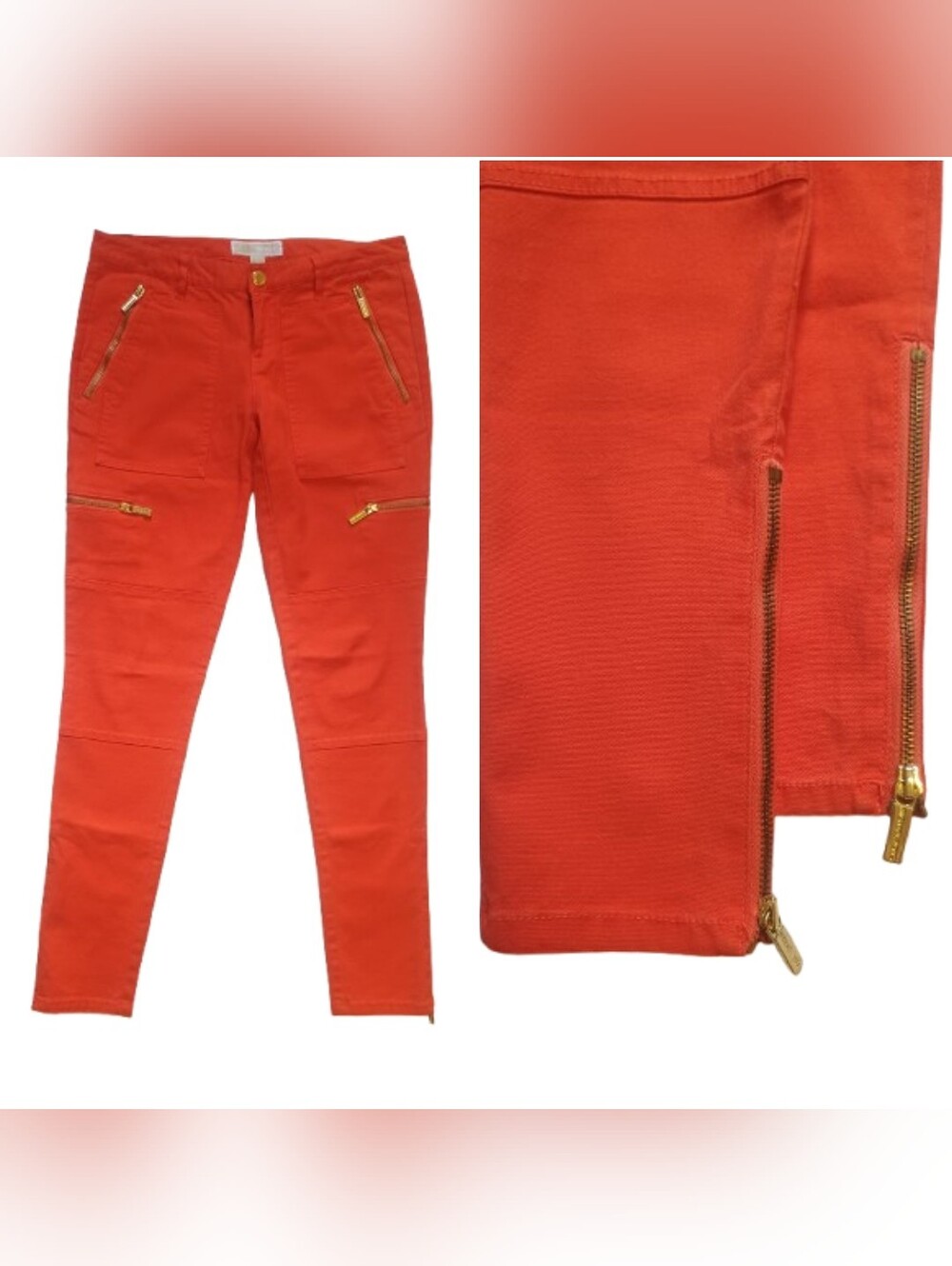 Michael Kors Moto zip cargo pants in orange with gold zippers Size:4